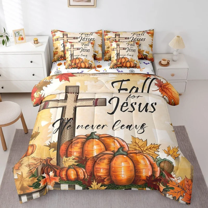 

Thanksgiving Comforter Set with Sheets All Season Autumn Pumpkin Bedding Sets with 3Pieces