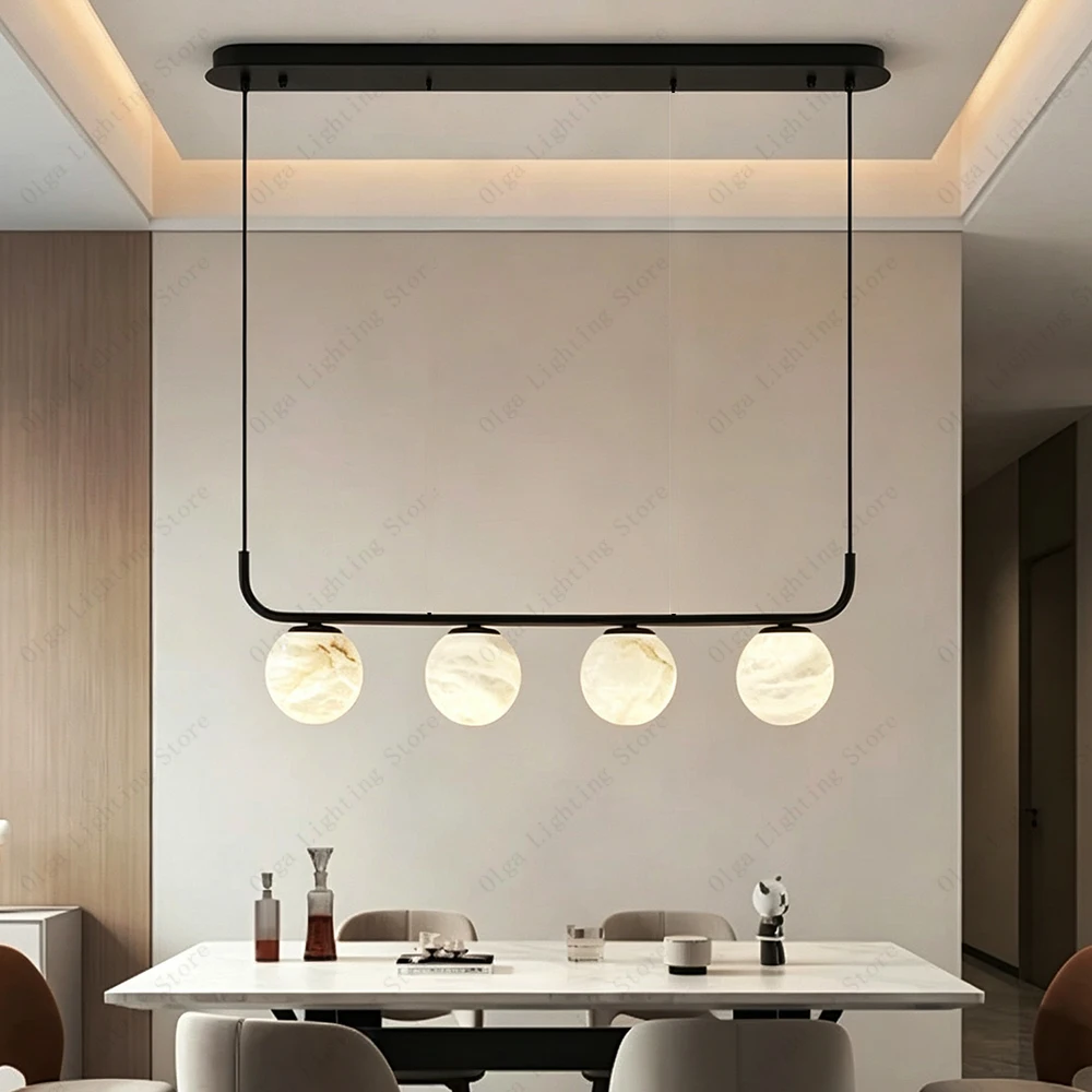 Home Elegant Decor Items Natural Marble Balls Linear Chandelier for Dining Room Table Kitchen Decoration Alabaster Lighting Gold