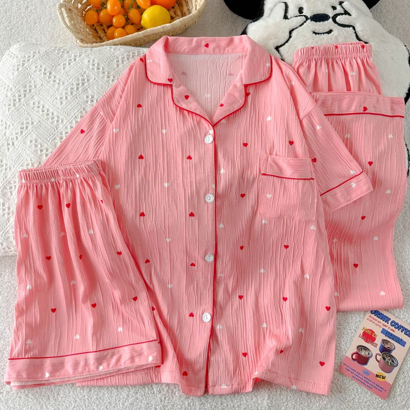 Korean-Style Collared Simple Heart Wrinkled Fabric Short-Sleeve Women's Pajamas, Summer Short-Sleeve Homewear Three-Piece Set