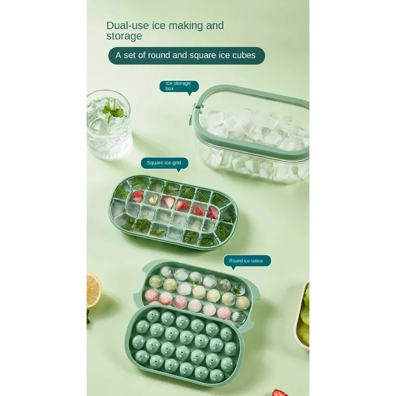 Silicone Ice Cube Tray with Lid and Storage Bin Reusable 2 Layers Plastic Mini Round Ice Ball Maker Mold for Freezer