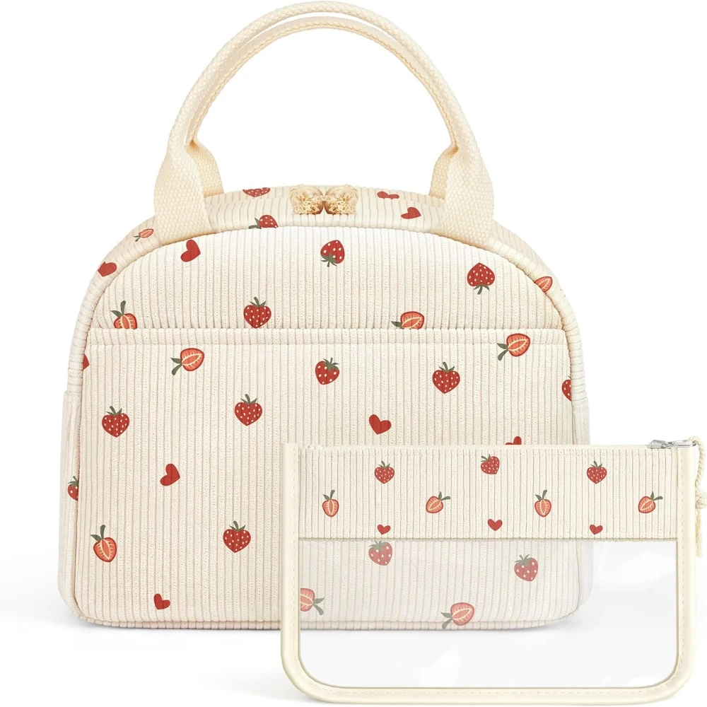 

Lunch Bag for Women | Cute Corduroy Tote Bags Snack Bags for Work Picnic White Strawberry Reusable Insulated Cooler