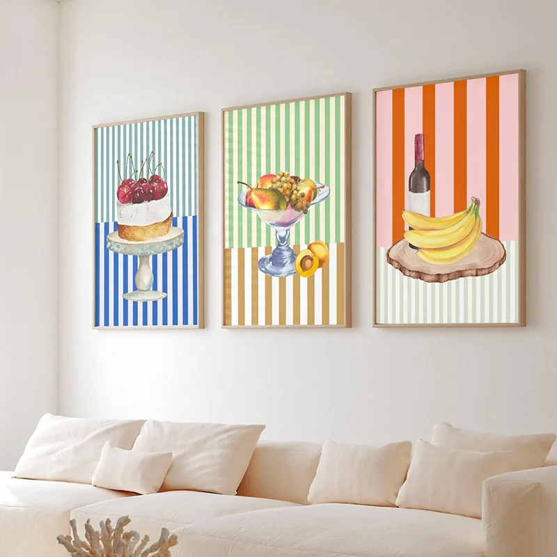 3pcs frameless Canvas Painting 3PCS Striped Wall Art  Bundle Cake & Fruit Poster  Girly Kitchen Wine Cherry Gallery Art  Canvas