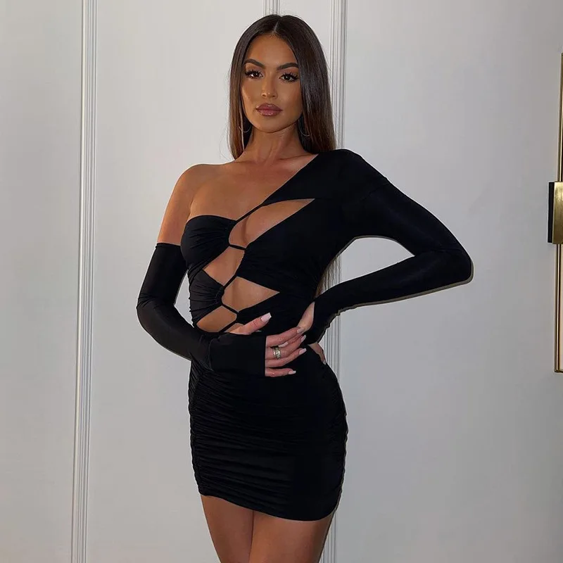 Chique Mode Lange Mouw Uitgesneden Bandage Mini Jurk Outfits Voor Vrouwen Hot Sexy Club Feestjurken Bodycon Kleding