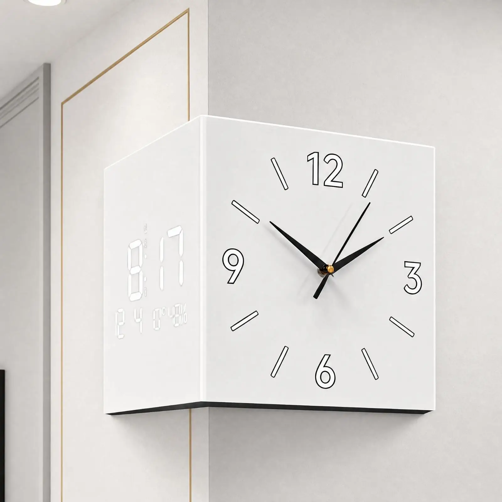 Acrylic Material Corner Wall Clock Two Piece Angled Build Analog Front Digital Panel for Narrow Spaces