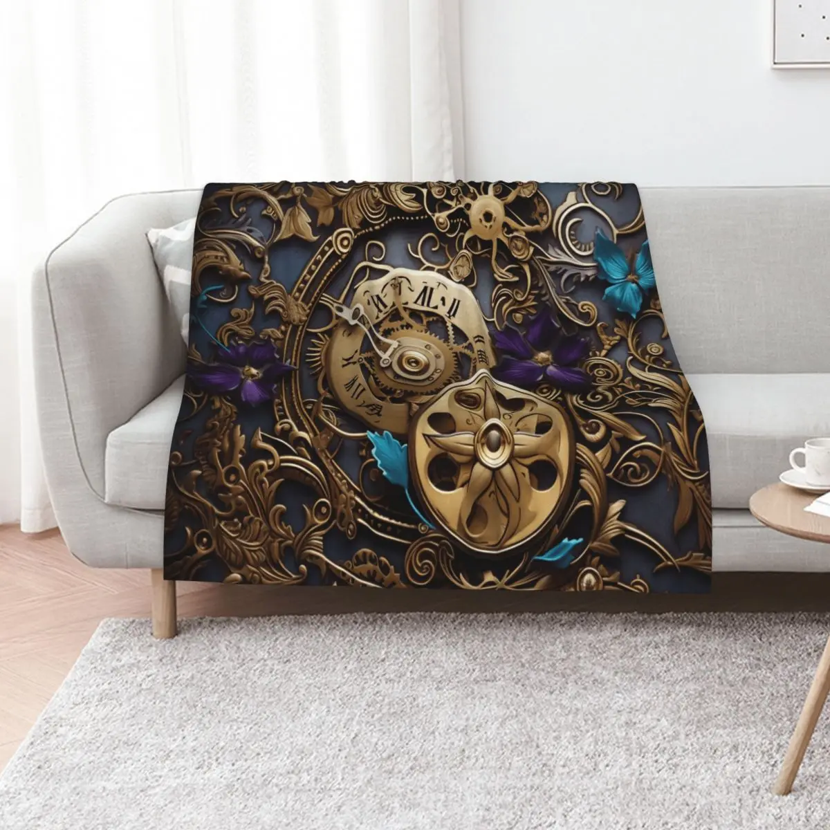 

Steampunk Flowers and Rusty Clockwork with Dark Background Throw Blanket blankets and throws Flannel Fabric Travel Blankets