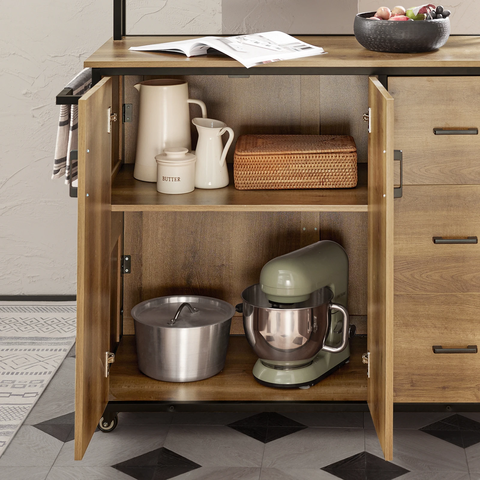 SoBuy KNL02-PF Design Küchenwagen mit Arbeitsplatte Kücheninsel mit Türen und Schubladen Sideboard auf Rollen Küchentrolley – Detail 8