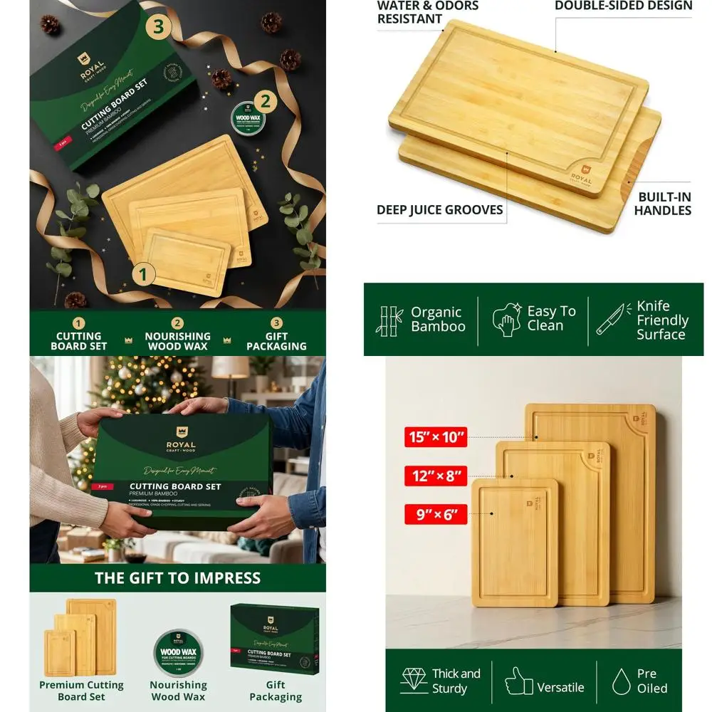 

Набор бамбуковых разделочных досок из 3 предметов с канавкой для сока и ручками — доски для приготовления мясных изделий премиум-класса для подарков на кухне