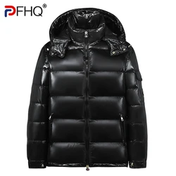 PFHQ Winter Down Jacket Sports Men Embossed 2024 With Hat Solid Color Zipper Korea Fashion Simple Male Tops 21Z7411