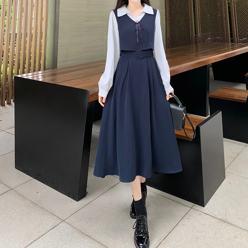 Elegant Long Dresses For Women 2023 Female Large Size 4XL Autumn Winter Loose A Line Fake Two Pieces Blue V Neck Robe Vestidos