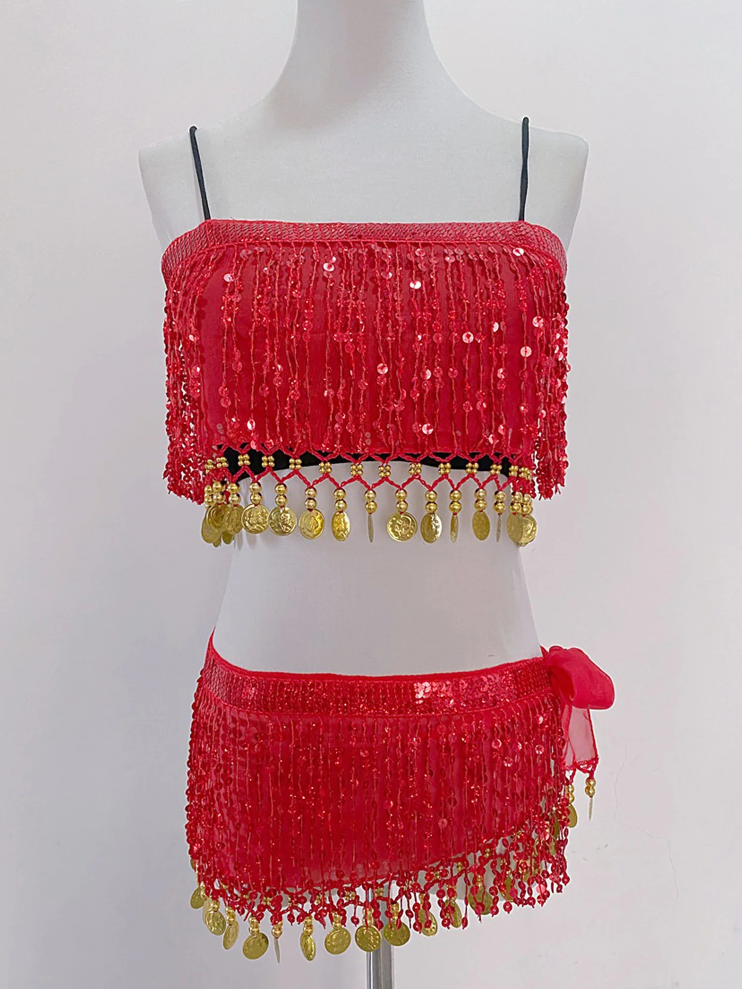 

Womens Belly Dance Costume 4 Piece Set Sequin Tassel Top And Hip Scarf with Safety Shorts for Performance Belly Dance Wear