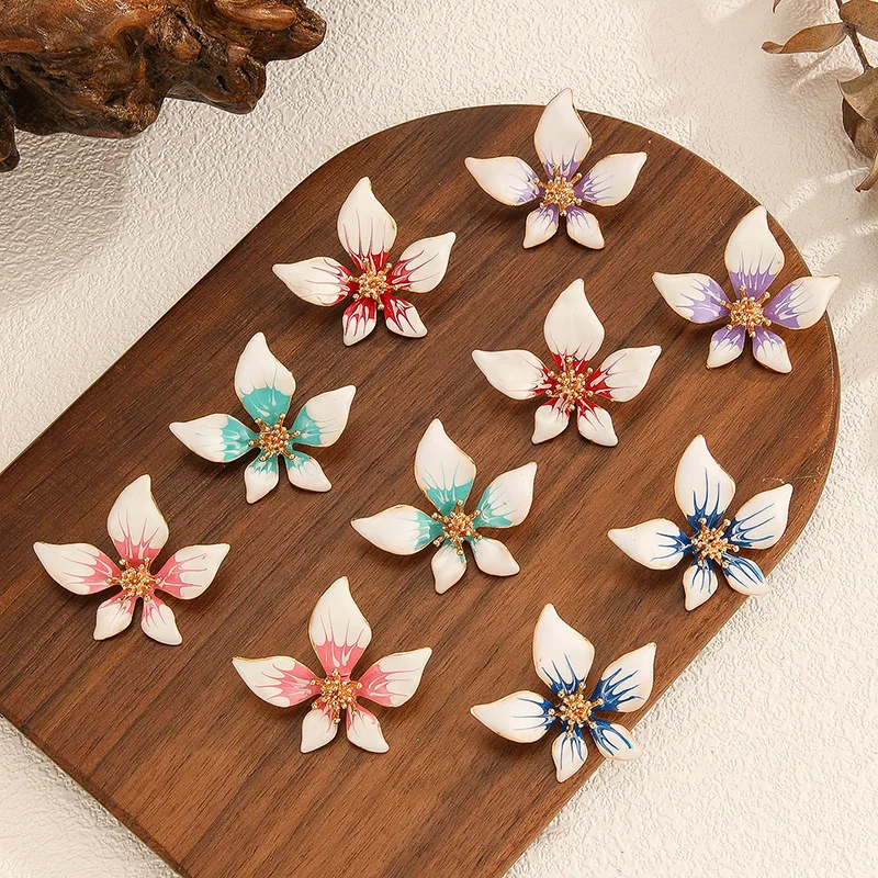 LATS Trendy Gradient Pink Five-petal Flower Earrings for Women Dripping Oil Sweet Style Temperament Jewelry Party Gifts