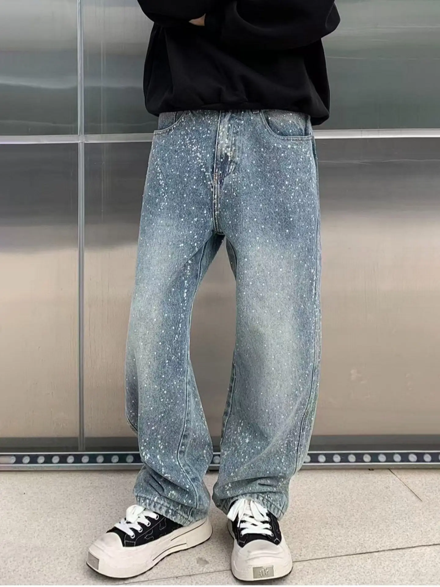 

Мужские модные джинсы с полной отделкой стразами, весна/лето, американский тренд, уличный стиль, свободные, синие, люксовые, блестящие, из выстиранного денима