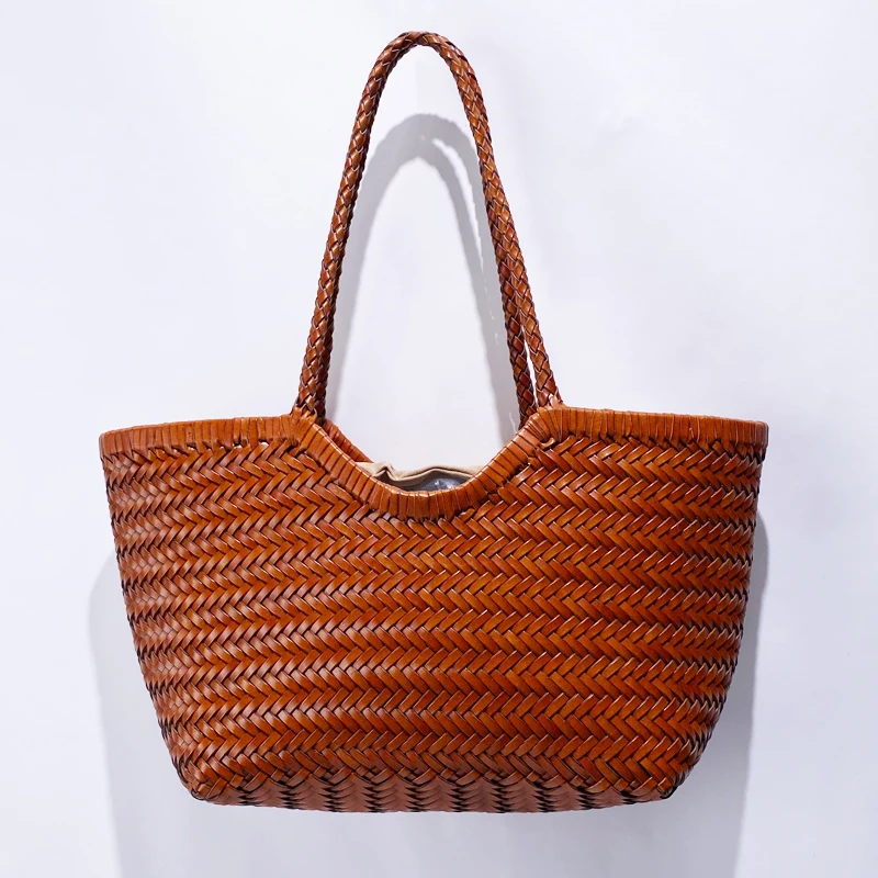 

Genuine Leather Handwoven Tote Bags For Women Luxury Designer Handbags And Purses 2024 New In Cowhide With Inner Pocket Shoulder