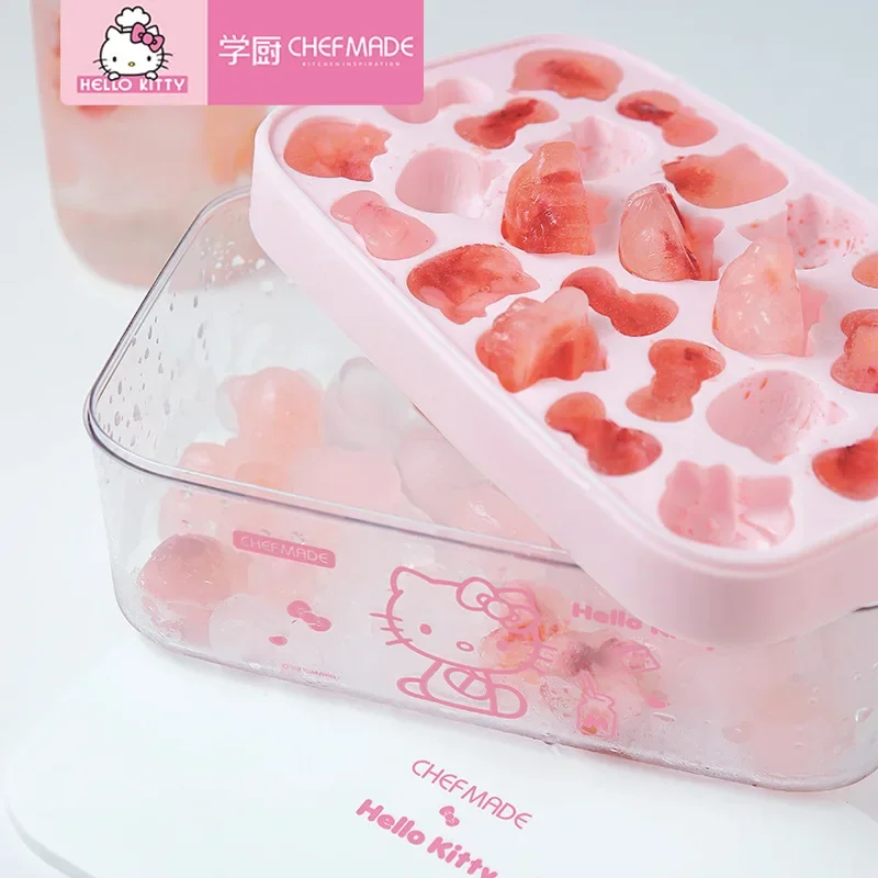 4pcs Sanrio Hello Kitty Cartoon Food Grade Silicone Press Ice Tray Ice Cube Mold Household Refrigerator Making Ice Storage Box