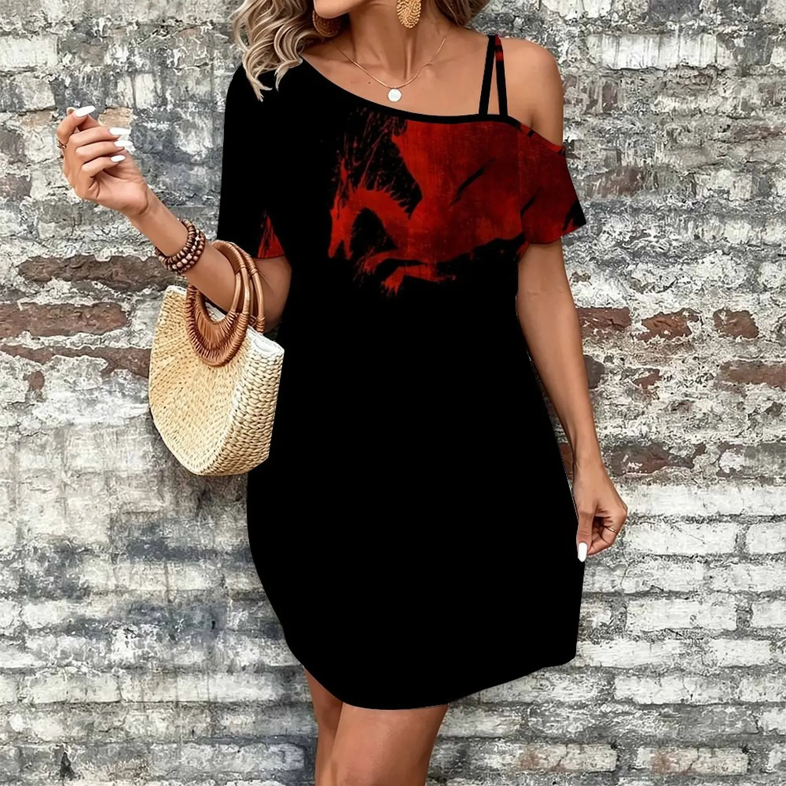 Dragon Age Origins: Blood Dragon V2 Women's Slanted Shoulder Single Strap Short-Sleeved Dress
