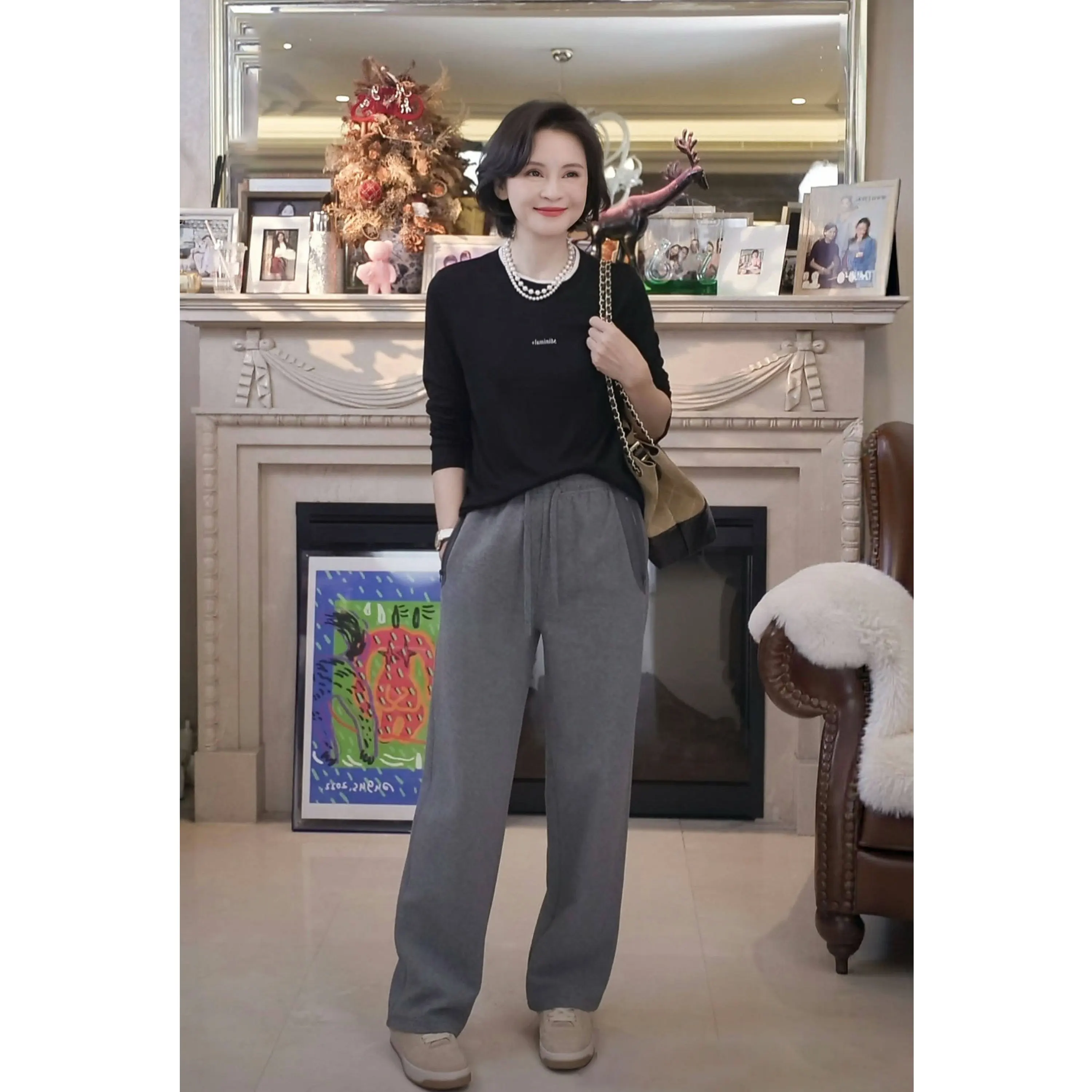 

Повседневный вязаный шерстяной лонгслив с буквенным принтом, круглым вырезом и имитацией двухслойности, женский зимний модный топ