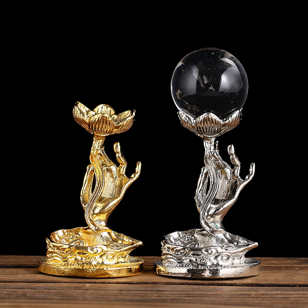 Hand Holding Lotus-shaped Crystal Ball Aromatherapy Candle Multi-functional Stand Desktop Mascot Metal Decoration Buddhist Gifts