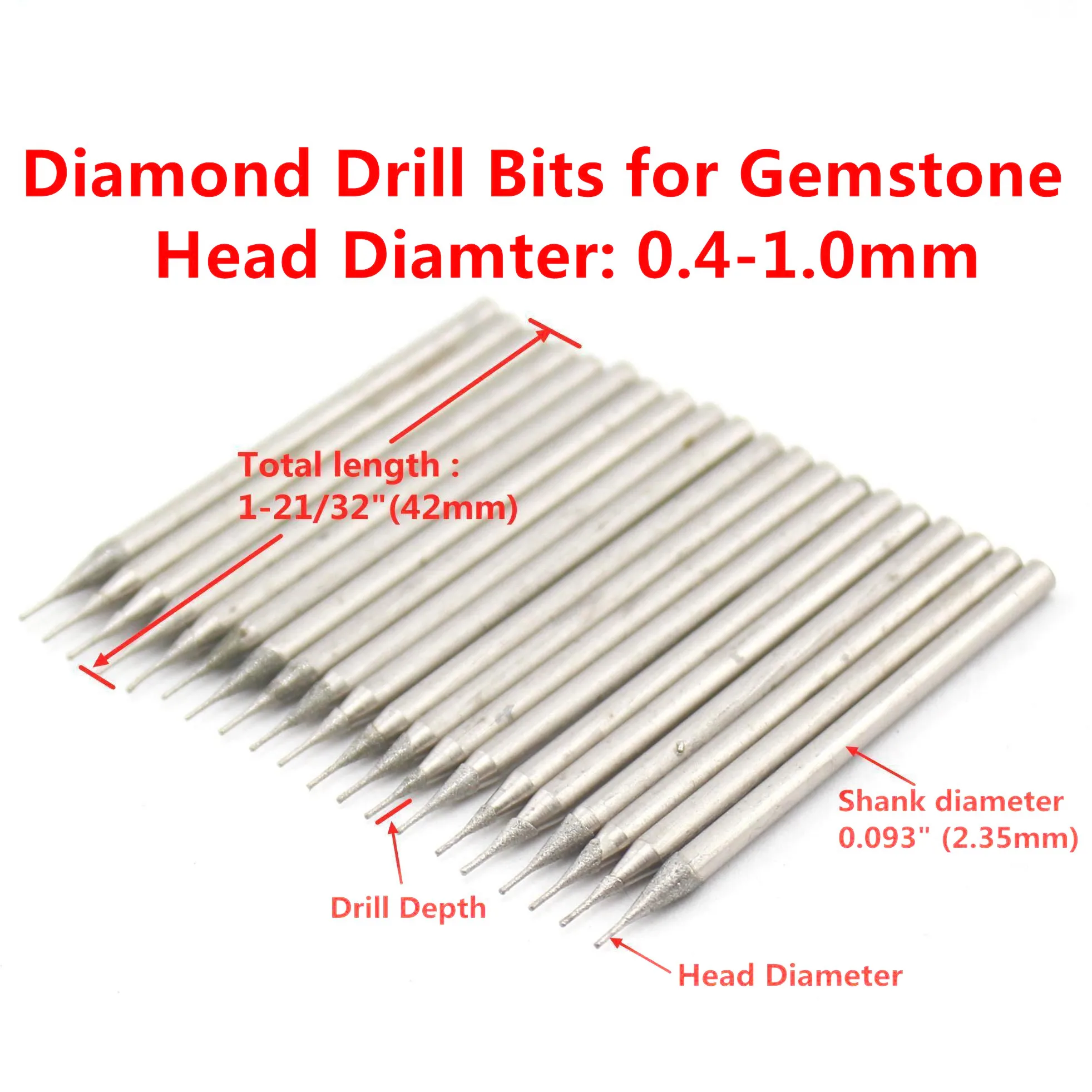 60Pcs 2.35mm Shank Diamond Coated Solid Drill Bits 0.4‑1.5mm for Jade Jewelry Gem Glass Tile Ceramic