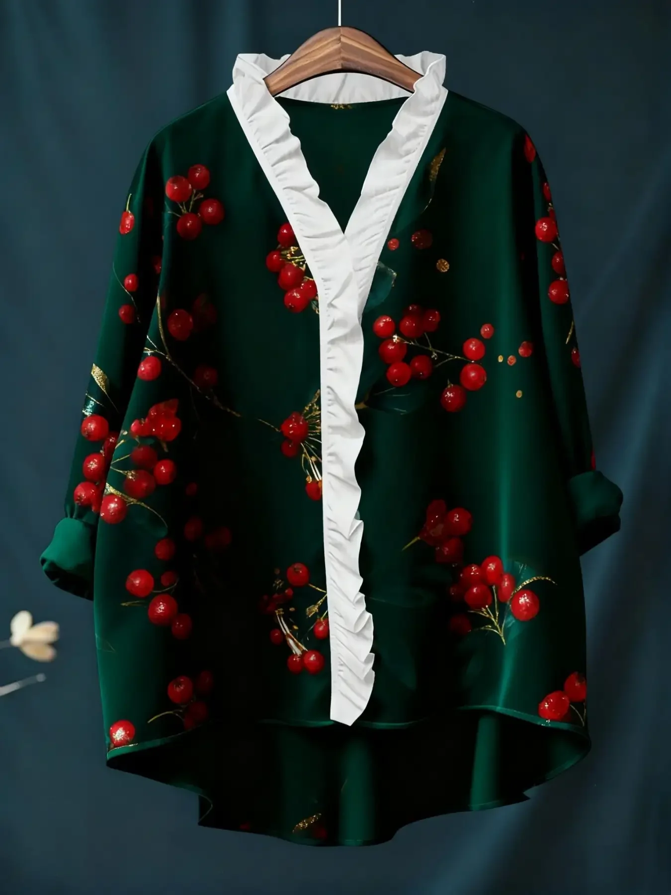 

2026 new women's printed long sleeved shirt with ruffled collar, It's the perfect gift for holidays and the New Year