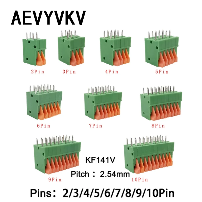 10Pcs 2.54mm Pitch KF141V KF141R Push-in Spring Screwless Terminal Block Straight/Bent Foot 2/3/4/5/6/7/8/9/10P PCB Connector