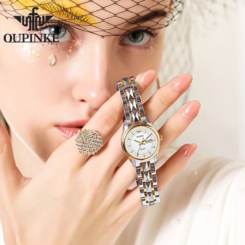 OUPINKE 3170 Deep Waterproof Automatic Watch For Women Dual Calendar Mechanical Hand Clock Stainless Steel Luxury Woman Watches