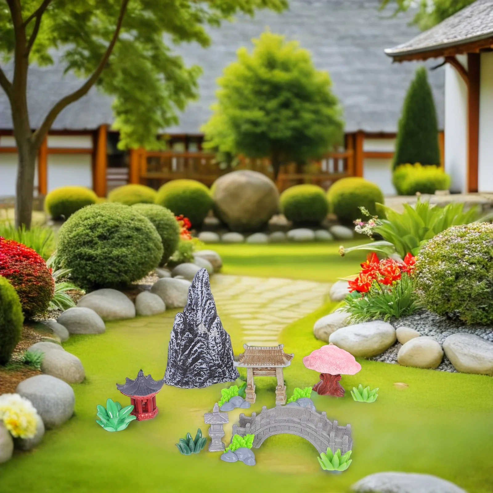 

1Set Resin Miniature Landscape Rockery Chinese Style Micro Garden Decoration Small Bridge Mountain Faux Landscape Ornament