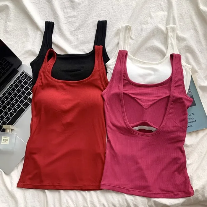 Red Backless Strap Vest Women's Tight Elastic Sports Top with Chest Pad Short Wrap Chest Small Shirt Casual Style Cotton Poly...