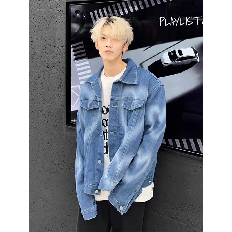 

Синяя джинсовая куртка с сердечками для мужчин, весна-осень, Cleanfit, в американском уличном стиле, рабочая куртка, молодежная энергия