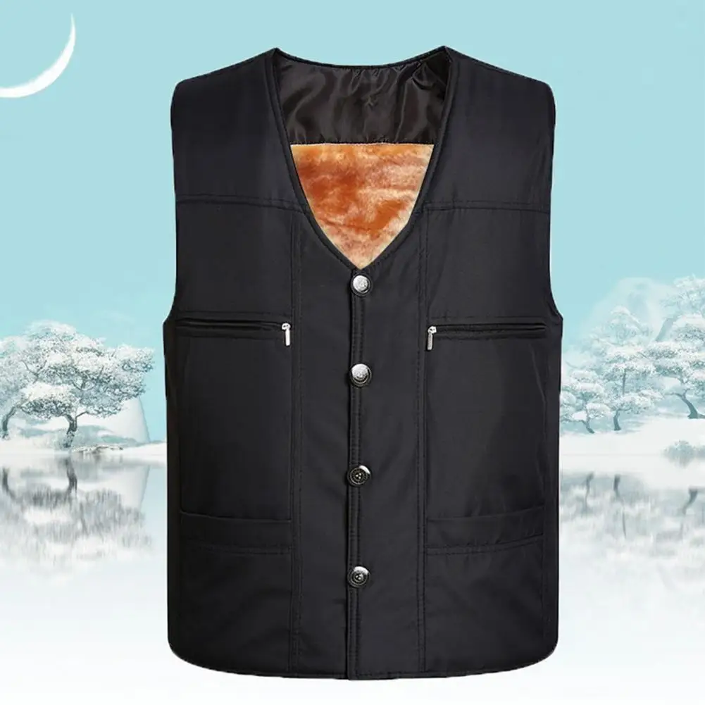 Breathable Men Vest Mid-aged Father Fishing Waistcoat Thick Plush V Neck Vest with Multi Pockets for Men's Winter Coat Men