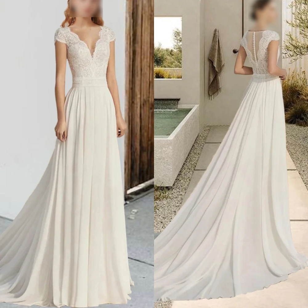 

Customized White Chiffon High Quality Bridal Party Formal Sheath Exquisite Appliques Wedding Dress Classic V-neck Bridal Gowns