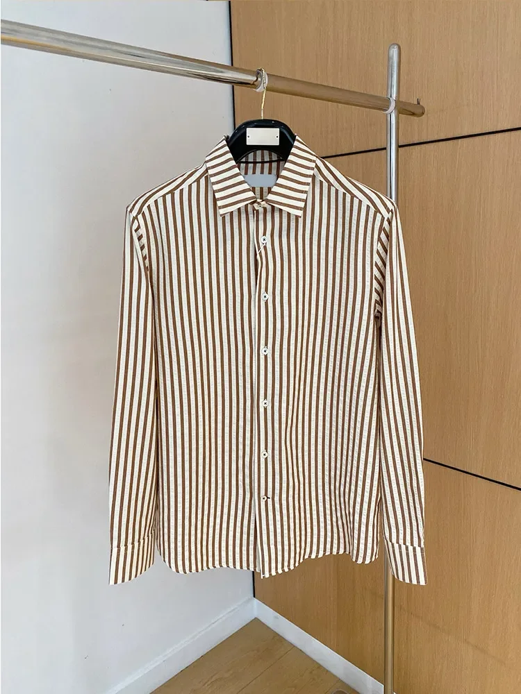 Italian BC cotton linen sweat-absorbing and breathable casual old money style striped long-sleeved shirt