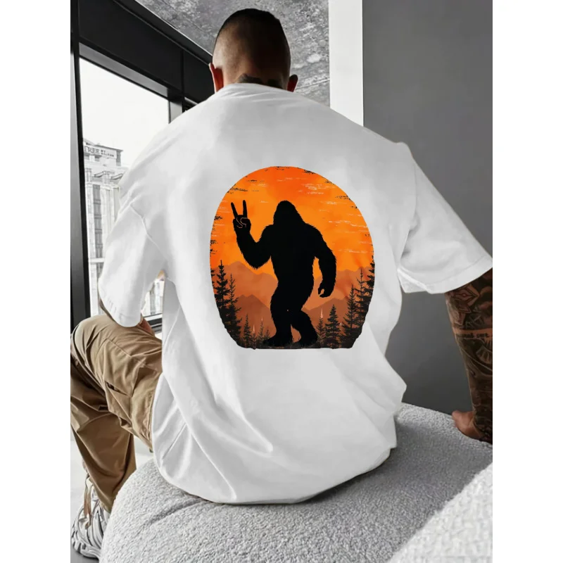 تي شيرت رجالي أسود Bigfoot Silhouette Sunset Forest Print قطن عالي الجودة 180 جرام