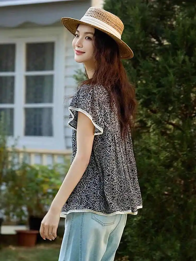 Camisa holgada de verano para mujer, de marca Outlet, con manga volante pequeña, de gasa a cuadros, con ribete de encaje, corte holgado, cuello redondo y manga corta.