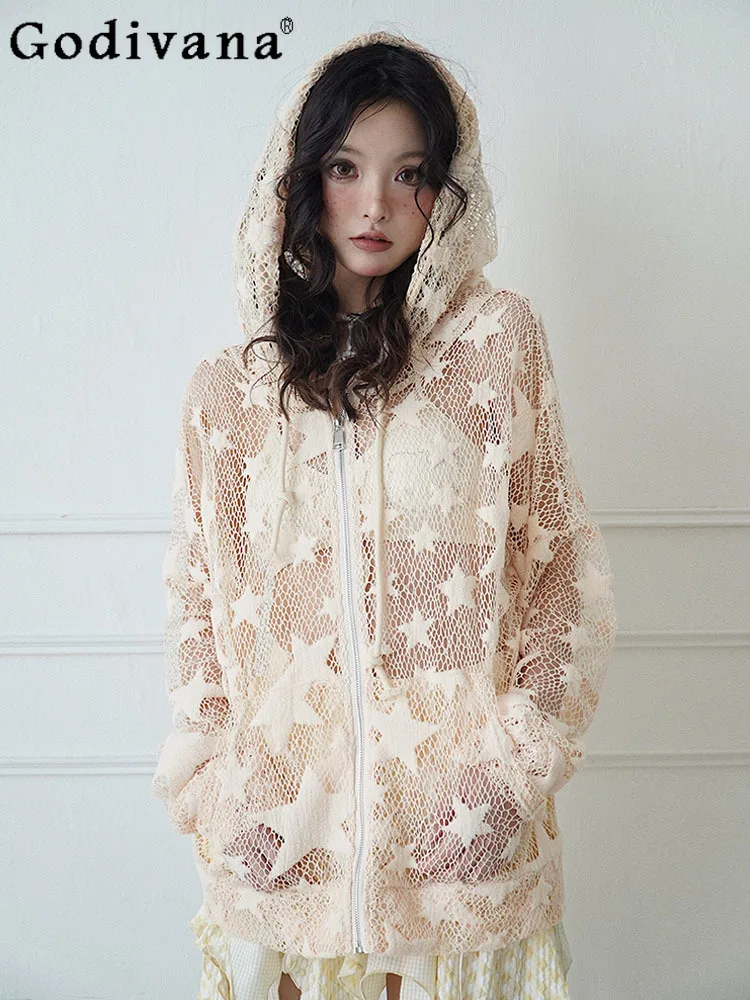 

Personality Chic Beige Star Gauze Versatile Hollow Out Hooded Top Sexy Loose Fashion Age-reducing Long-sleeved Zipper Cardigan