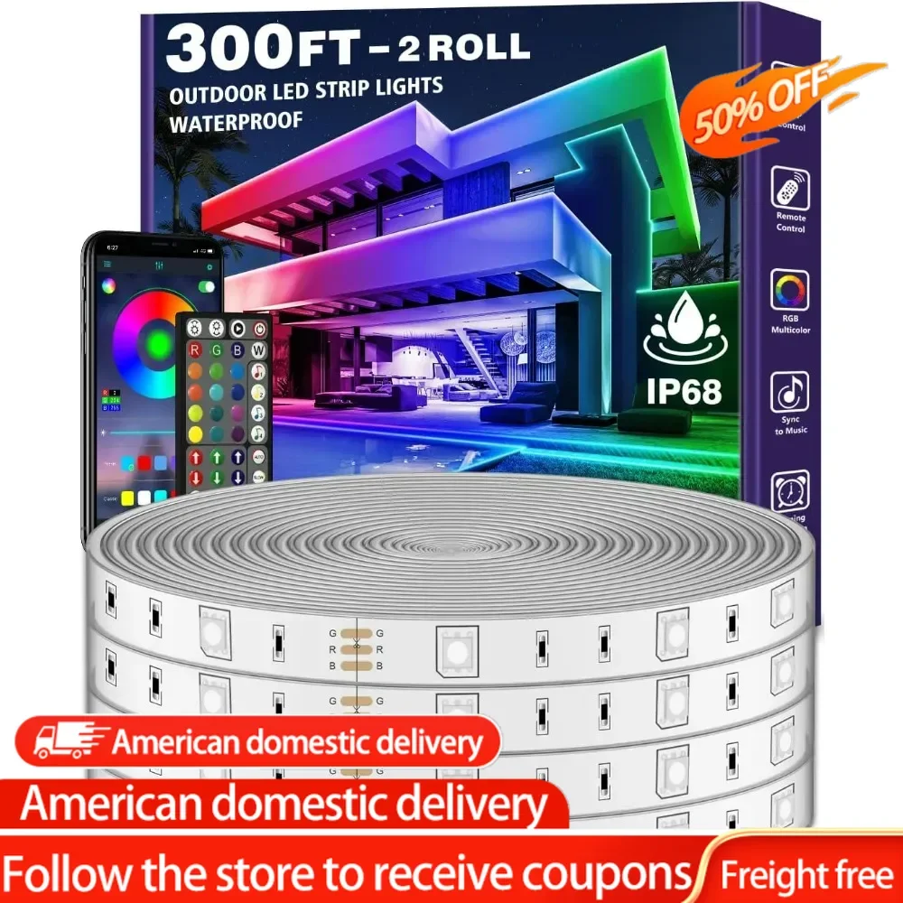 300ft Waterproof LED Strip Lights with Bluetooth App, RGB Exterior Rope Lights for Balcony, Deck, Roof, Pool - IP68,