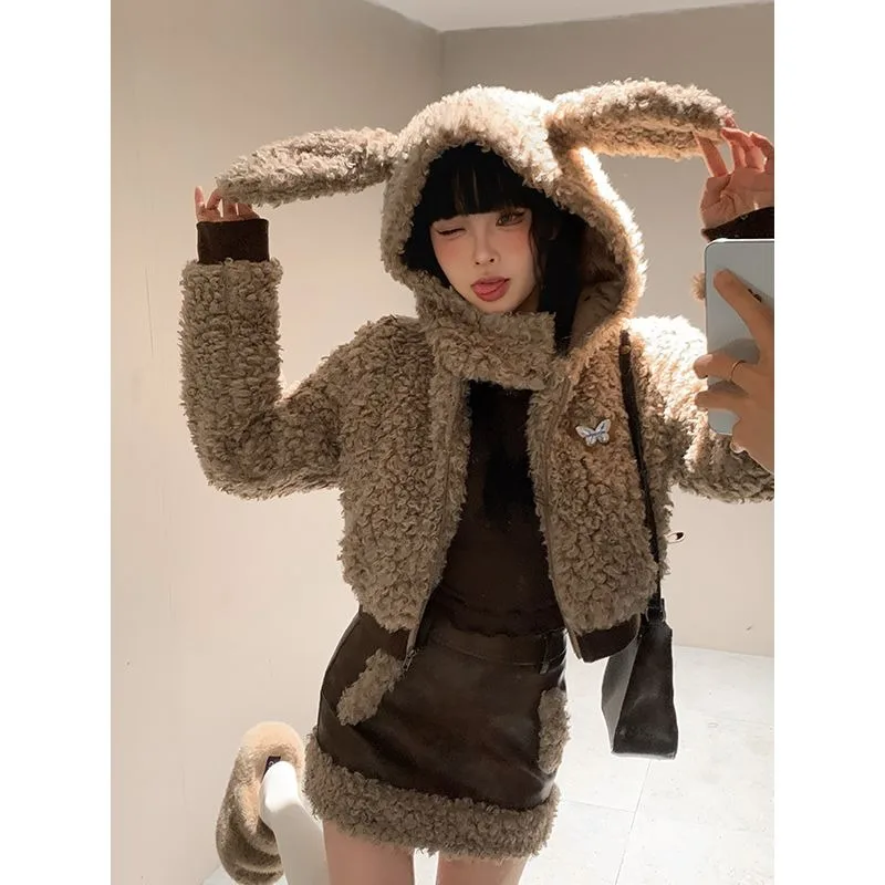 Autumn Winter Korean Vintage Fashion Y2k Kawaii Rabbit Ears Plush Jacket Short Coat and Sweet Sexy Plush Skirt Suits Streetwear