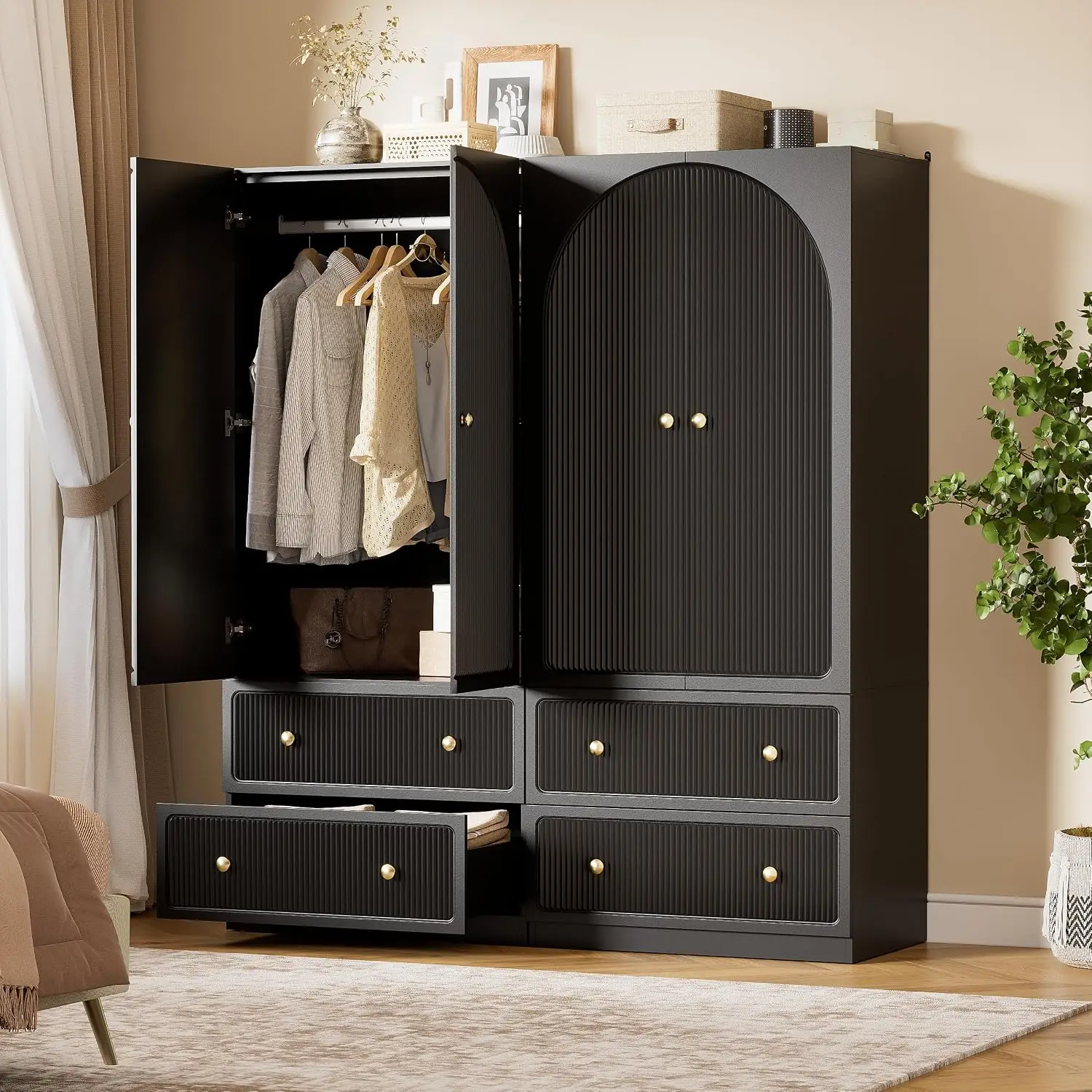 Armoire Wardrobe Closet with 2 Drawers & Hanging Rod, Freestanding Wooden Wardrobe Cabinet with 2 Striped Doors for, Customized