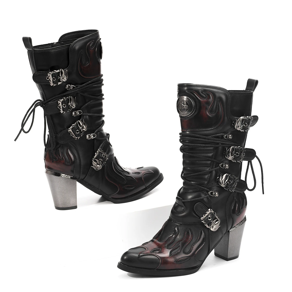 

Оригинальные ковбойские сапоги Flame в стиле вестерн, рыцарские сапоги в стиле панк на толстом каблуке, мужские и женские мотоциклетные ботинки до середины икры