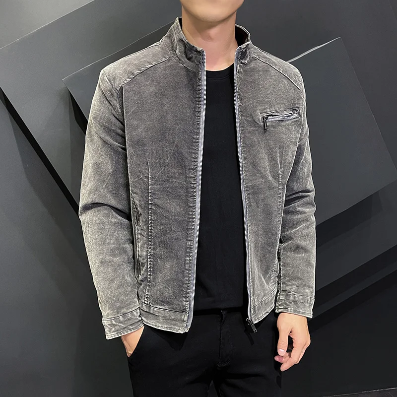 

Men's Vintage Stand Collar Denim Jacket Casual Fashion Motorcycle Coat Men Slim Zipper Warm Jean Jacket