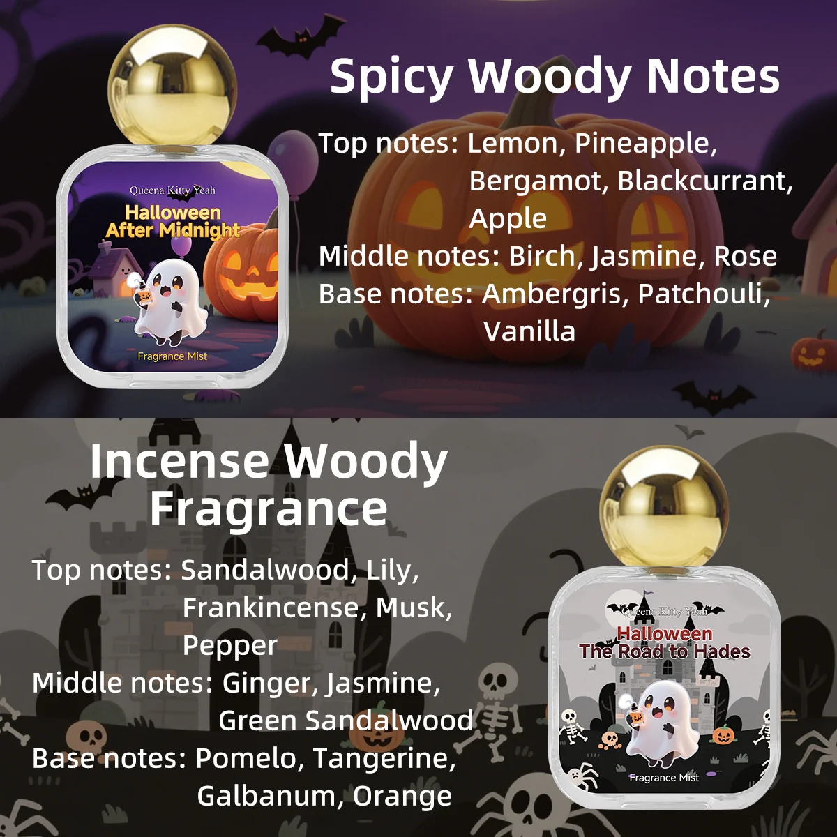 สเปรย์น้ำหอมกลิ่นฮาโลวีนรุ่นลิมิเต็ดอิดิชั่น - 50 มล., ฝาปิดทรงลูกบอลสีทองลายฟักทอง, กล่องของขวัญสีม่วงลายผีการ์ตูน, กลิ่นหอมติดทนนานสำหรับพ่อ