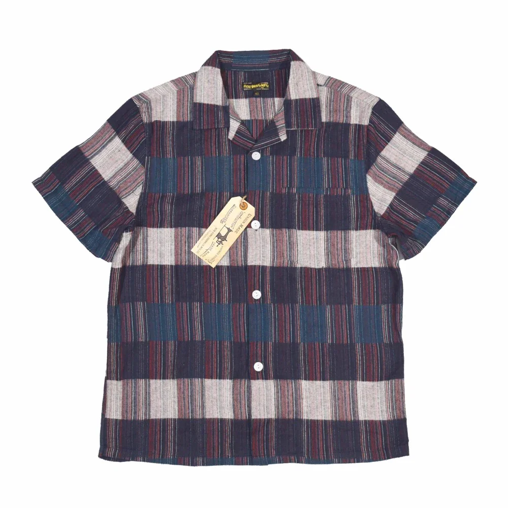 BOB DONG Rainbow Stripes Checks Camp Shirt Amekaji Jacquard Cotton Short Sleeves