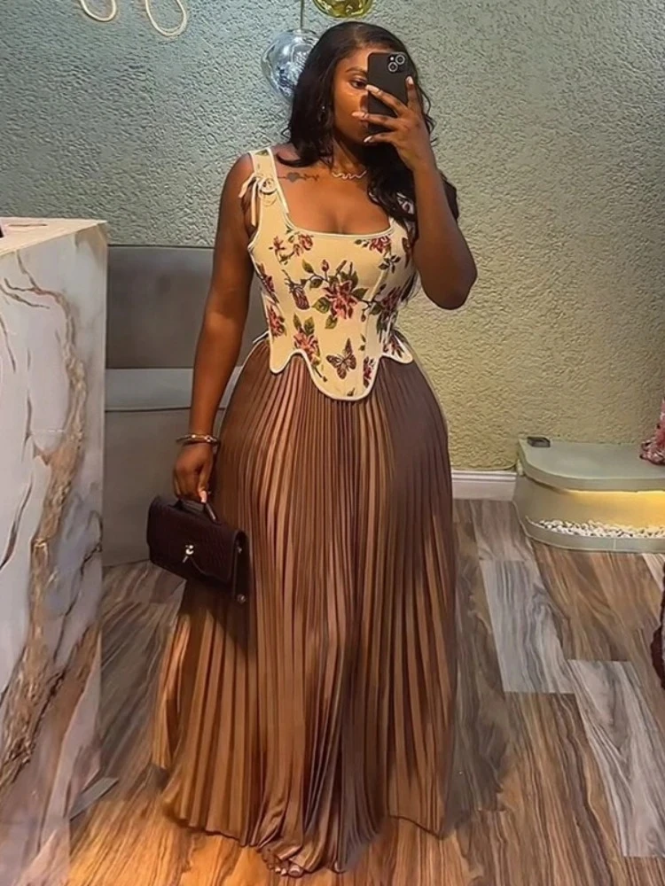 

Женский комплект с цветочным принтом, жилет с завязкой на талии, плиссированные длинные юбки, костюм 2025 года, вечерний вечерний уличный комплект из двух предметов, наряд