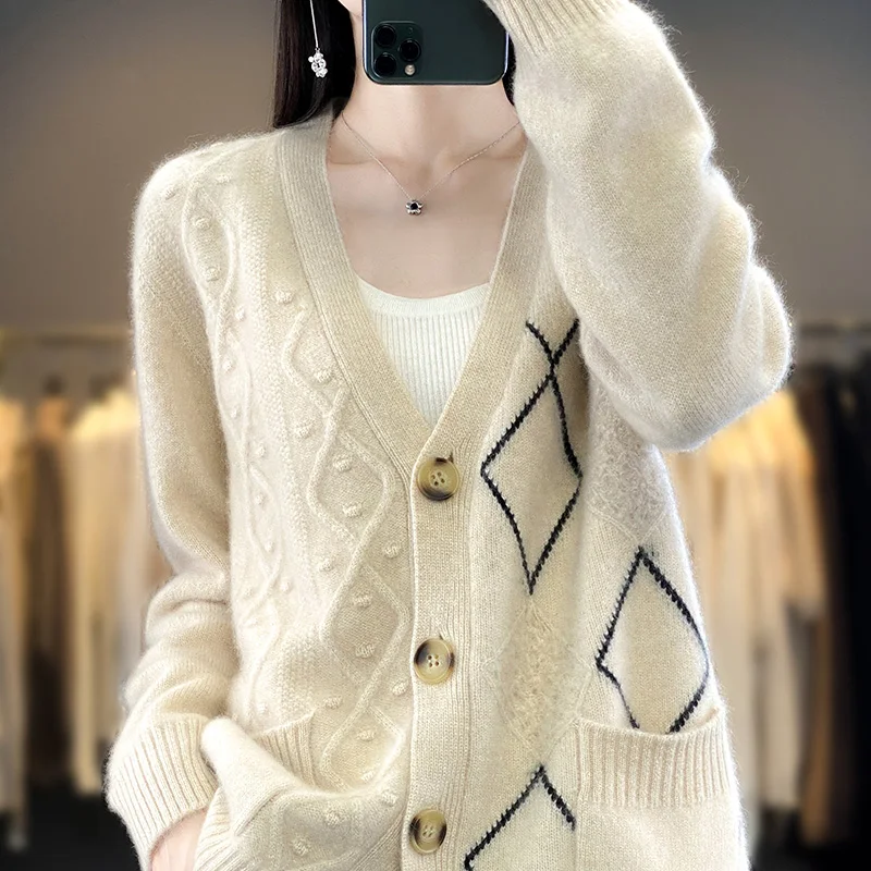 

Smpevrg Autumn Winter Soman's Sweater Casual Coats Female Cardigan Long Sleeve V-Neck Jacket 100% Wool Knitted Large Size Tops