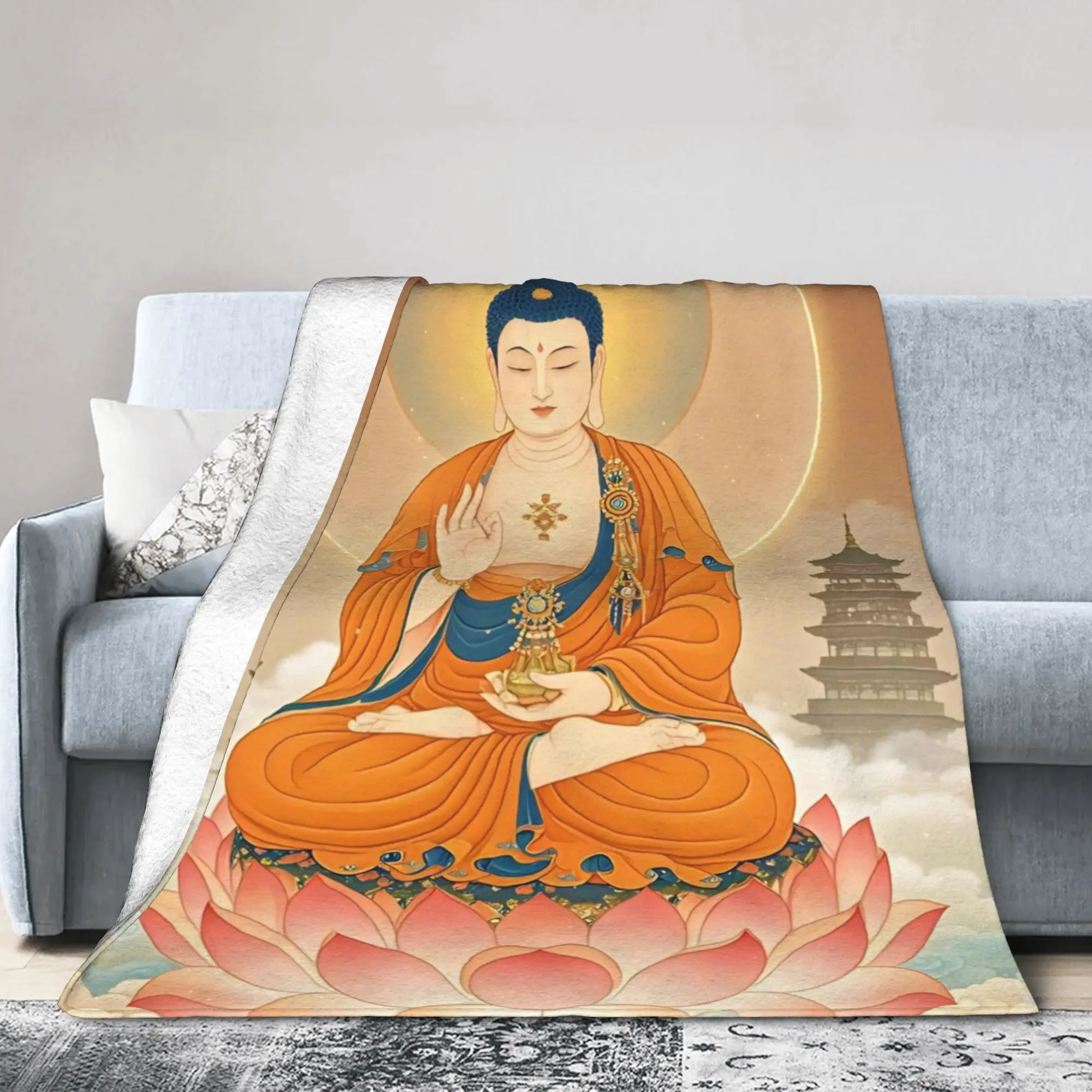 Buddha Lotus Zen Meditation Blanket Y2K Harajuku Flannel Vintage Soft Throw Blankets for Chair Covering Sofa Autumn/Winter