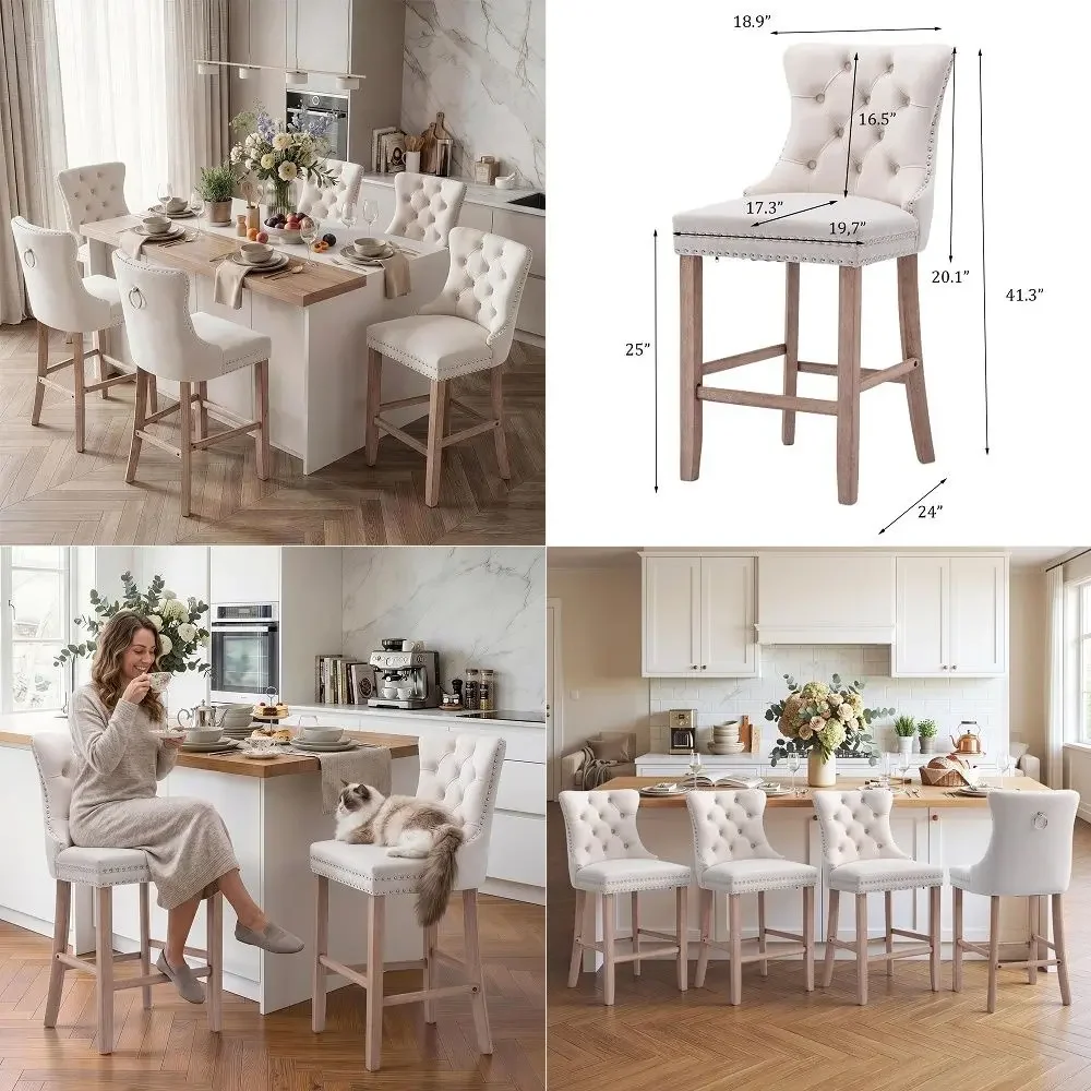

Bar Stools Set of 6, 27 Tufted Modern Counter Height Bar Stools, Upholstered Barstools with Back amp Footrest Metal Legs, Stool