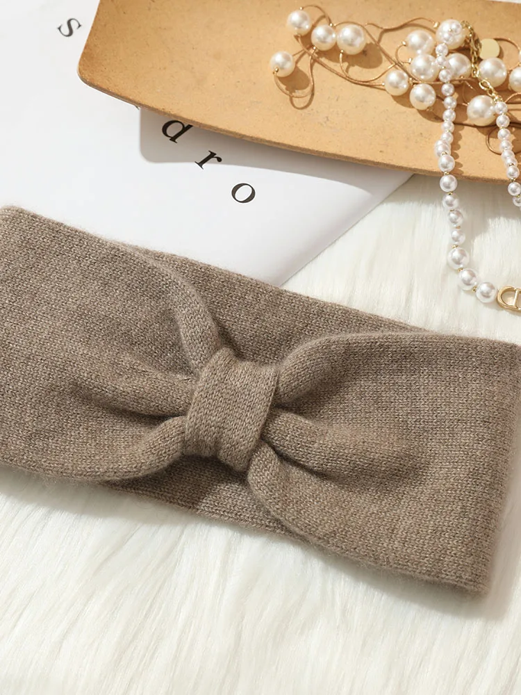 Women 100% Cashmere Density Knitted Hair Band Classic Bow Tie Headband Pure Cashmere High-end Knitting Hair Accessories Headwear