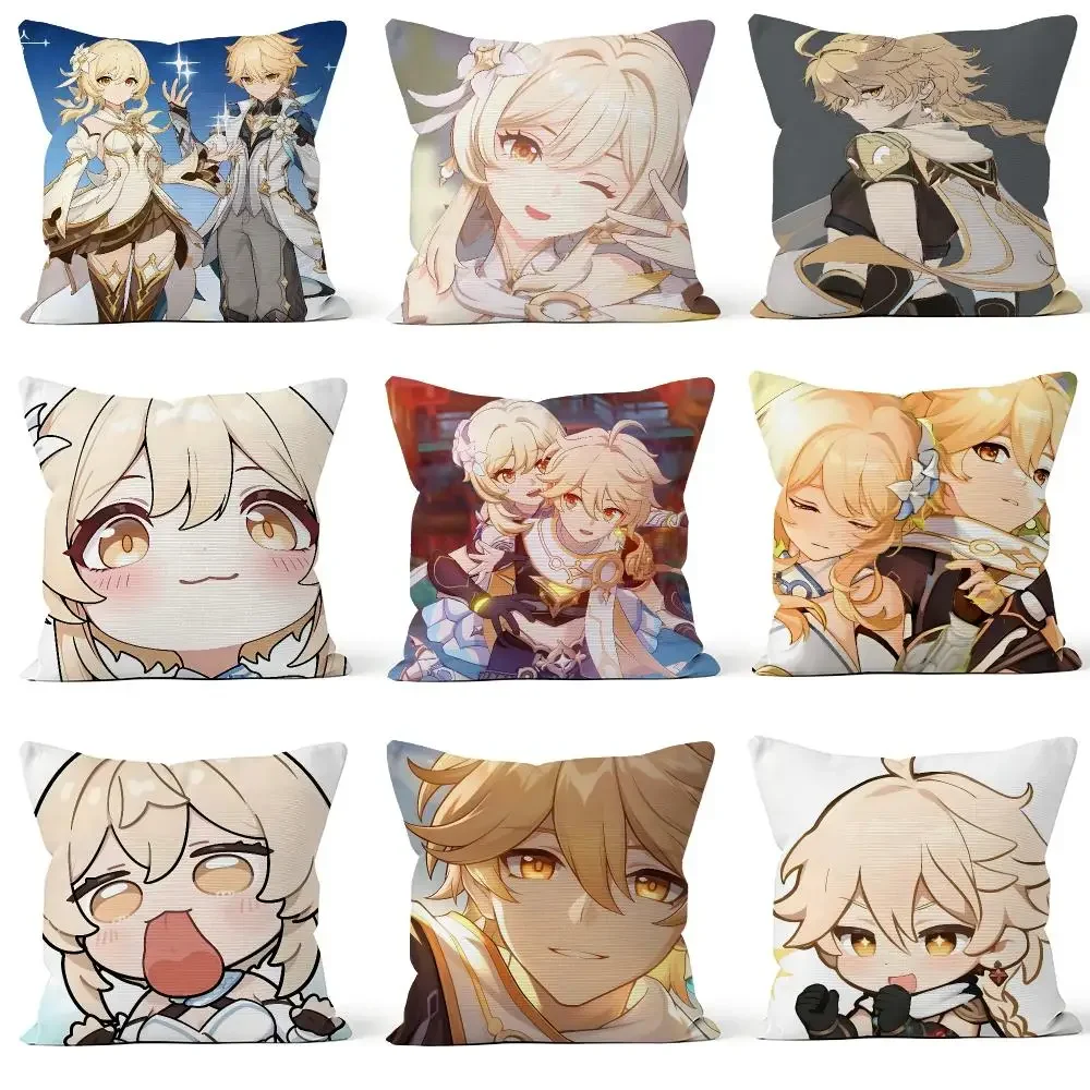 Game Genshin Impact Aether Lumine Twins Cushion Cover Throw Pillow Soft Short Plush Cozy Durable For Sofa Bedroom Home Decor