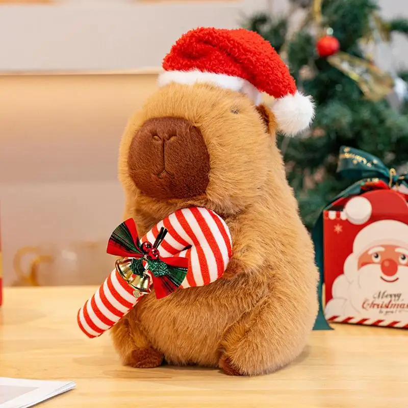 Christmas Capybara Plush Hugging Capybara With Santa Hat And Candy Cane 9.8 Inch Sleeping Companion Plushies Toys For Kids