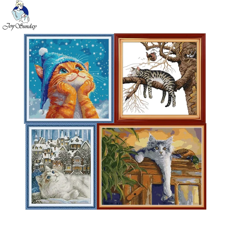 Joy Sunday Cross Stitch Kit Cat City HD Pattern Aida 16/14/11CT Counted Printed Canva DIY Embroidery Kit  Needlework Home Decor