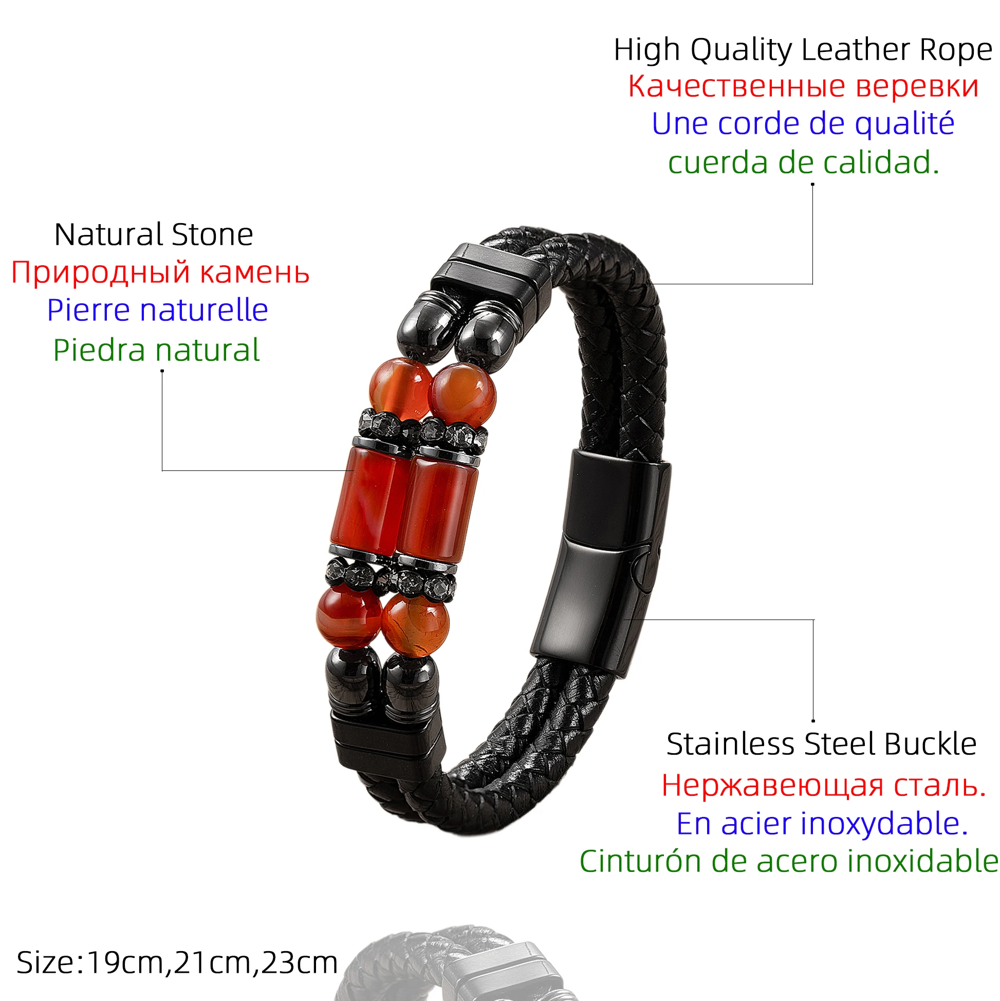Natural Agate Tiger Eye Stone Bracelets Men\'s Jewelry Braided Leather Handmade Male Bangles 2024 New Stainless Steel Jewelry